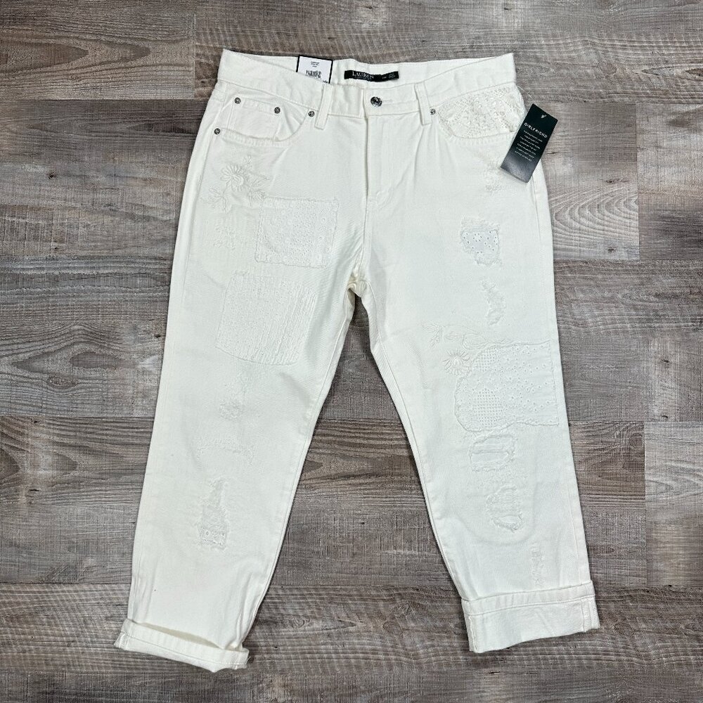 NEW Lauren Ralph Lauren Size 10P x24" White Patch Destress Embroidery Crop Jeans